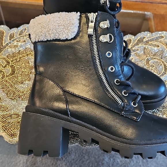 JustFab Black Faux Fur Lined Combat Boots - Picture 3 of 9